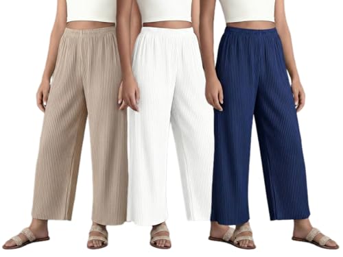Image of Set of Combo Trouser and Pants for Girls and Women's Relaxed Fit Stretchable Regular Fit Palazzos Lightweight Elastic Waistband Bottoms for Daliy Office & Casual Wear