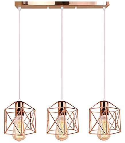 iDEGU - Luminaria industrial con 3 lámparas de techo de hierro, jaula cuadrada, 15 cm, lámpara de techo, E27, iluminación para salón, dormitorio, bar (oro rosa)