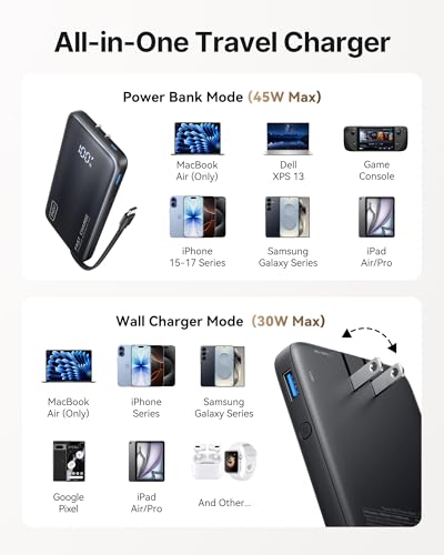 INIU Portable Charger, Ultra Small 45W Fast Charging Power Bank with Built-in AC Wall Plug, 10000mAh GaN 3-in-1 Battery Pack for Flight-Safe Travel, for iPhone 17 16, Samsung S26, iPad etc, Black - Image 7