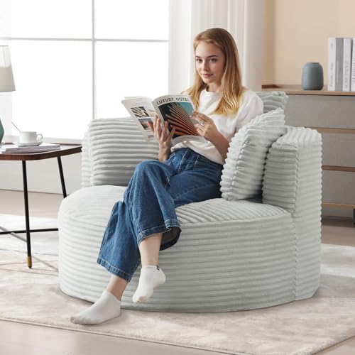 Image of 48.8-inch Round Chair, Modern Accent Corduroy Comfy Deep Seat Boneless Foam Floor Single Circle Chaise Sofa Chair with 3 Pillows for Living Room Bedroom Office, No Assembly Required, Light Grey