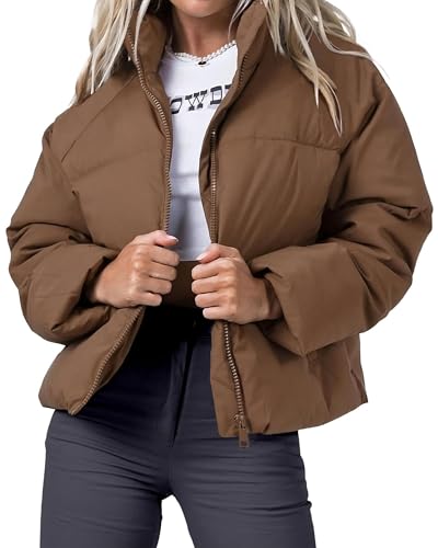 Cityork Women's Puffer Jacket Lightweight Oversized Long Sleeve Full Zipper Baggy Short Puffer Coats with Pockets Brown S