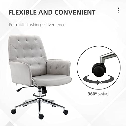 Vinsetto Velvet Home Office Chair, Tufted Height Adjustable Computer Desk Chair with Swivel Wheels and Padded Armrests, Light Gray