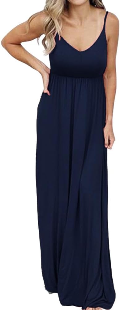 PRIMODA Women's Summer Casual Sleeveless V Neck Adjustable Spaghetti Strap Maxi Long Dress