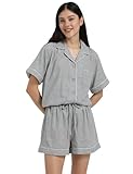 XINJU Womens Pajamas Set 100% Gauze Cotton Linen Like 2 Piece Button Down Short Pjs Sets Soft Comfy Sleepwear Loungewear (US, Alpha, Large, Regular, Regular, Heathered Gray)