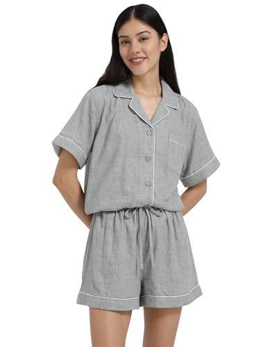 Image of Womens Muslin Pajama Sets 100% Cotton Double Gauze Linen Like Short Pjs | Breathable Soft Comfort Button Up Loungewear Sleepwear PJ Set