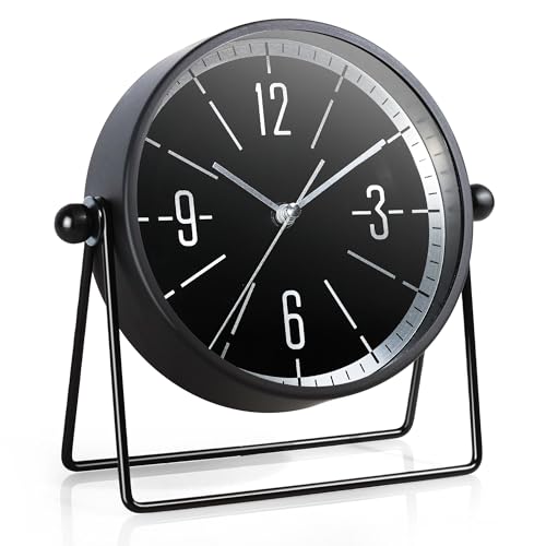 AYRELY® Vintage Metall-Tischuhr – Leise Kaminuhr ohne Ticken mit verstellbarem Winkel, Analoge Standuhr im Retro-Stil für Wohnzimmer, Regal, Kamin & Büro (Schwarz)