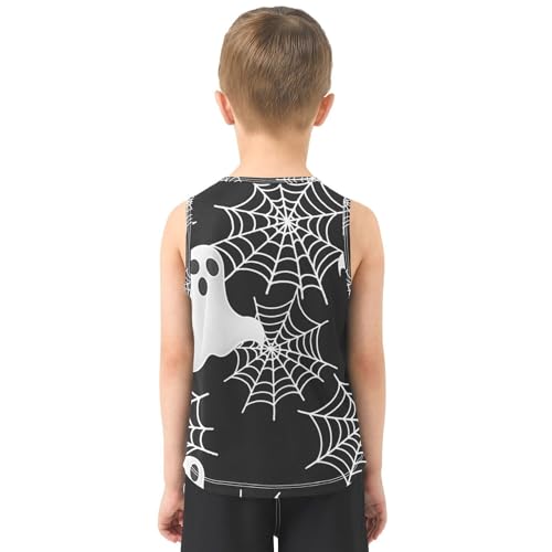 Bolaz Boys Athletic Quick Dry Tank Top Sleeveless Workout T Shirts Age 11-15,White Ghost Spider Web Pattern3