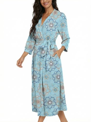 Image of VINTATRE Robes for Women Long Knit Bathrobe XS-4XL | 3 /4 Sleeve Bathrobes with Pockets, Stretchy and Lightweight Fabric, Inner Tie and Fixed Outer Matching Belt, Mid Calf Length
