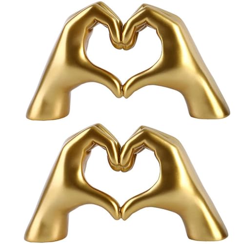 HYAVIA 2PCS Gold Heart Hands Sculpture – Resin Hand Gesture Love Statue, Modern Art Figurine for Living Room, Bedroom, Bookshelf, or Table Decor