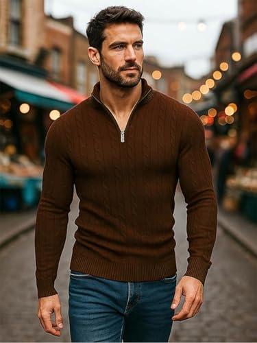 Image of TYSORT Men High Neck Zipper Full Sleeve Cable Knitted Winter Sweater,Cable Knit Sweater for Men