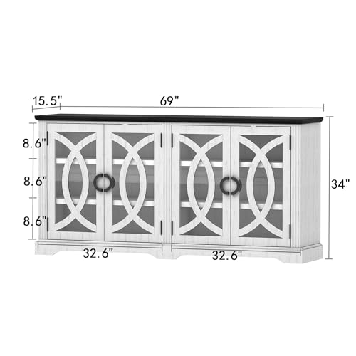 wanan 69\" Sideboard Buffet, Farmhouse Buffet Cabinet with 4 Glass Barn Doors, Wood Sideboard Storage Cabinet for Kitchen, Dining Room, Living Room, Antique White - Thumbnail 2
