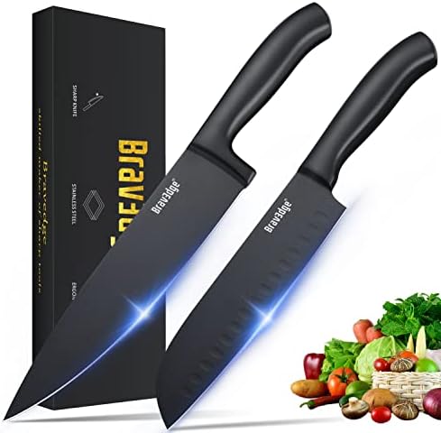 Bravedge Chef Knife Set, 8'' Chef Knife and 7'' Santoku Knife, 2 Pieces Kitchen Knives with Gift Box, Ultra Sharp High Carbon Stainless Steel Kitchen Knife Sets with Ergonomic Handle