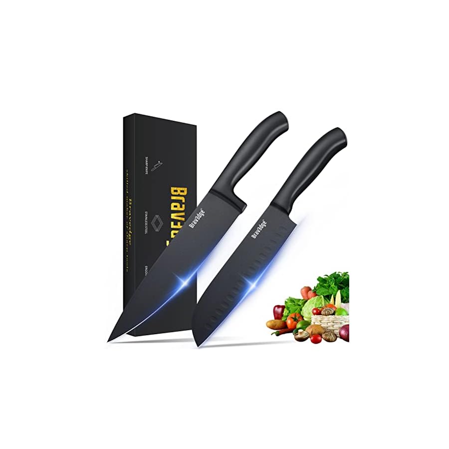 Bravedge Kitchen Knives, 8'' Chef Knife and 7'' Santoku Knife, 2-Piece Professional Chef Knife Set with High Carbon Stainless Steel Blade and Ergonomic Handle, Knives Set for Kitchen with Gift Box