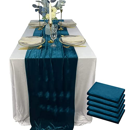 Luxurious Velvet Table Runner, 10ft Wedding Reception Decorations, 20x120inch Soft Velvet Fabric, Table Linen Overlay, Wedding Table Runners (Teal Blue, 20X120inch, 5pack)