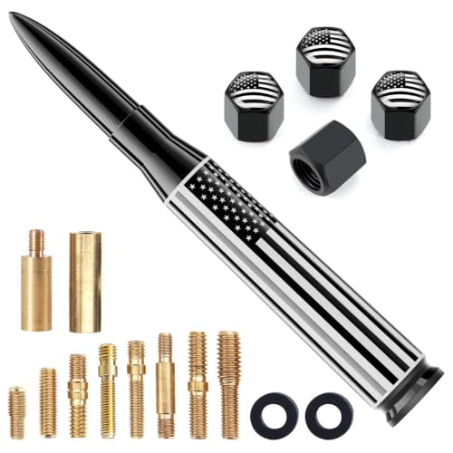 Image of Car Truck Antenna Big American Flag with Tire Valve Caps Universal Short Replacement for GMC Sierra Chevy Silverado Dodge Ram 1500 2500 3500 Ford F150 F250 F350 Super Duty Raptor Accessories, Black