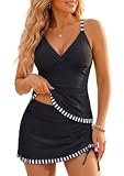 Daci Black Striped Women Tankini Swimsuits with Skirt - Two Piece Tummy Control Skirted 2PC Bathing Suits Swimwear M