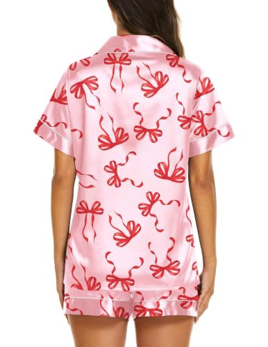 Image of Ekouaer Womens Pajamas Silk Satin Short Sleeve Button Down Pjs Shorts Set