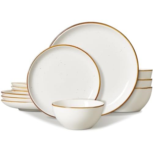 ONEMORE 12-Piece Plates and Bowls Set, Dinner Set for 4, Ceramic Dinner Service, Scratch-Resistant, Microwave & Dishwasher Safe, Cream White