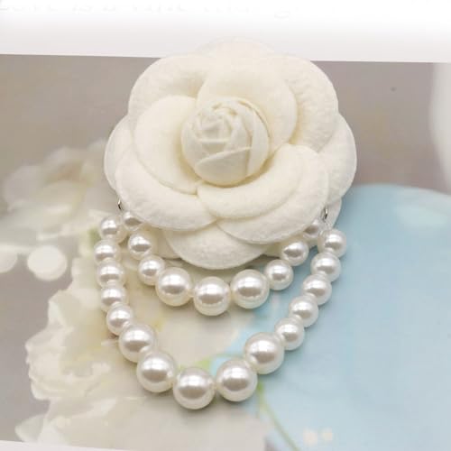 Image of Elegant Camellia Flower Faux Pearl Brooch Pin,Bohemian Fabric Flower Brooch Pins Pearl Tassel for Women Teen Girls, Corsage Wedding Brooches Clothes Dress Coat Accessories Jewelry Gift