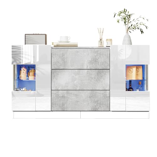 Buffet moderne avec éclairage LED, 140 x 35 x 75 cm, blanc brillant et gris, commode pour salon avec 3 tiroirs - Portes et étagères en verre, meuble TV,...