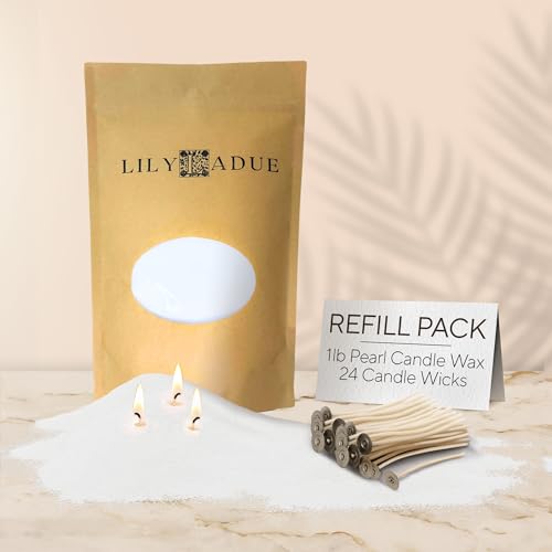 LILY LADUE Sand Candle Refill Kit - 1Lb/16Oz Pearled Candles Sand and Wicks (24) Without Holder Unscented Aroma Beads Reusable Powder Pearls Bulk Wax Pearls for Refillable Pearlized Pellet Set