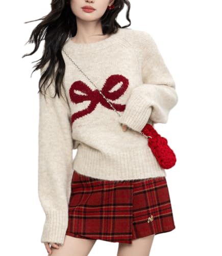 Image of Women's Y2K Bow Print Cropped Sweater Casual Loose Fit Pullover Tops Long Sleeve Crew Neck Chunky Knit Jumpers