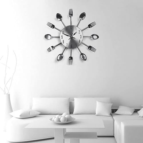 Llly Stainless Steel Fork Spoon Tableware Kitchen Restaurant Wall Clock Home Decoration (Color : Silver, Size : One Size) #TOP3
