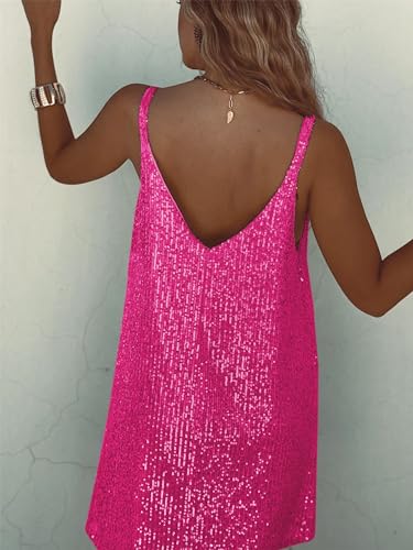 Image of Women's Summer Sleeveless Mini Dress Deep V-Neck Glitter Sequin Dress Sexy Short Dress