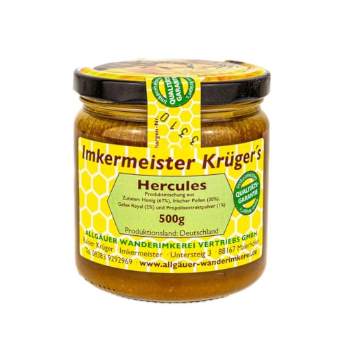 Hercules Honig 500g von Wanderimkerei Krüger I Premium Bienen-Spezialität mit 67% 30% tiefgekühlte Blütenpollen 2% Gelée Royale & 1% Propolis - Cremig I Herb-aromatisch