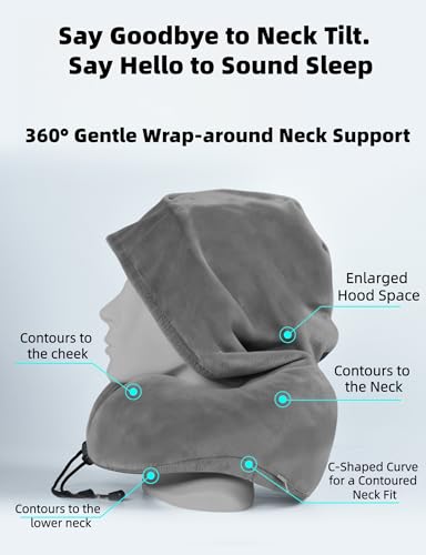 Image of Travel Neck Pillow with Extra Large Hood Rollable Airplane Hooded Neck Pillow with Memory Foam Filling and Removable, Skin-Friendly Cover with Carrying Case & Pouch (Velvet)