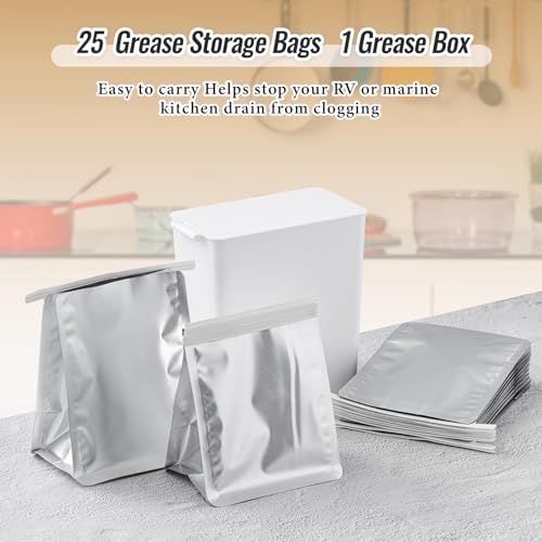 Hushee Set of 26 Grease Container for Kitchen with 25 Pcs Foil Liners Disposable Grease Bags, 1 Pcs White Storage Bin, Cooking Oil Container Help Stop Kitchen Drains from Getting Clogged