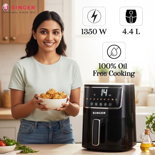 SINGER Electric Airfrio Air Fryer 1350W | 4.4L Basket | 100% Oil-Free Cooking | Digital Display | 10-in-1 Functions | 360° High-Speed Air Circulation | ISI Certified | 2 Years Warranty view 2