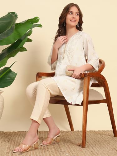 Image of Vogaan Women's Cotton Silk Pant | Half-Elasticated Waist Slim Fit Trouser for Women | Casual Pocket Pants for Office Formal Daily Use