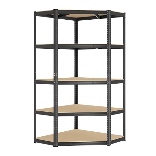 SONGMICS Eckregal 5 Ebenen Schwerlastregal Metall Lagerregal für Garage Abstellraum Kellerregal bis 875 kg belastbar 1er Set180 x 70 x 40 x 43 cm tintenschwarz-naturbeige GLR080B01