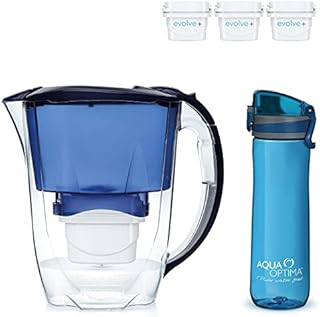 Aqua Optima Oria Water Filter Jug, 2.8 Litre Capacity, With 3 Months (3x30 Day) Evolve+ Water Filter Cartridges, With Fast Flow 5-step Filtration Technology, Plus Water Bottle