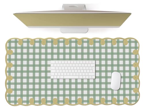Image of Cute Green Scalloped Desk Mat Checkered Large Mouse Pad Kawaii Vintage Farmhouse-Inspired Rustic Cottagecore Office Desk Decor Stitched Nonslip Pad for Computer Keyboard & Mouse 31 * 15.7in