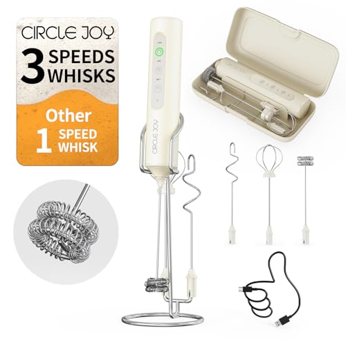 Image of CIRCLE JOY Rechargeable Handheld Milk Frother Wand with Stand, 3 Variable Speeds, 3 Whisks and Storage Box, Electric Drink Mixer for Latte, Cappuccino, Hot Chocolate, Eggs and Protein Powder, Beige
