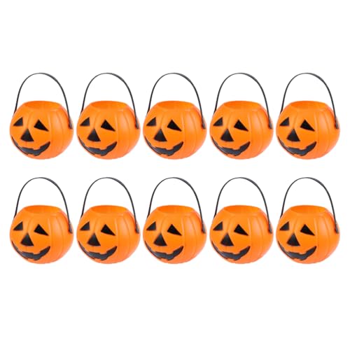 Amosfun 10PCS Mini Pumpkin Trick or Treat Buckets Halloween Candy Holders with Handles Plastic Buckets for Trick or Treat Halloween Party Supplies