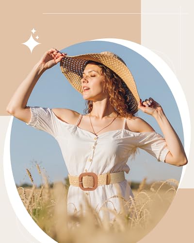 Image of WILLBOND 4 Pcs Women's Elastic Raffia Woven Belt, Boho Rattan Buckle Stretch Straw Wide Waist Belt for Dresses Jeans Pants