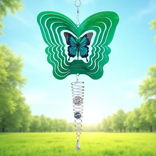ISEO Butterfly Wind Spinner with Gazing Ball, Mini 6.5 Inch Hanging Garden Decor, 3D Metal Yard Art for Porch Patio Balcony, Gift for Women