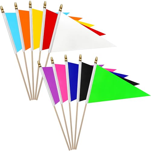 LoveVC 12Pcs 812 Inch Red White Blue Black Orange Yellow Green Purple Pink Pennant Flags Set on Wood Stick Small Mini Solid Color Blank Sublimation Handheld Flags for DIY Graffiti