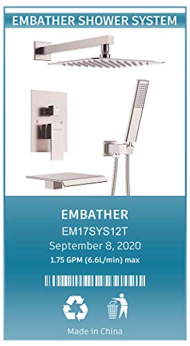 EMBATHER Shower System with Waterfall Tub Spout 10 inch Shower Tub Faucet Set wiht Rain Showerhead and Handhled,Brushed Nickle(Contain Rough-in Valve Body and Trim） - Thumbnail 5