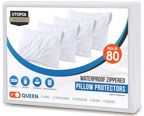 Image of Utopia Bedding 80 Pack Waterproof Pillow Protectors with Zipper Queen Size (White), Bed Bug and Dust Mite Proof Pillow case Covers, Moisture Wicking Pillow Encasements 20 x 28 Inches