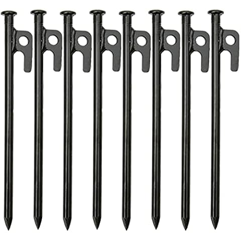 KAHEIGN 8Pcs Zelt Heringe Stahl Erdnägel, 20cm Stabil Camping Zeltheringe aus Hochfester Geschmiedeter Stahl mit Haken und Loch für Camping und Outdoor Wandern Cover