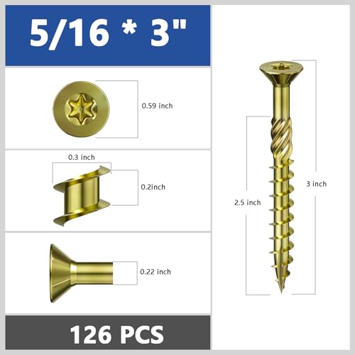 Image of Wensilon 5 /16 * 3 inch Yellow Zinc Deck Screws, (126pcs) 5 lbs.Exterior Wood Screws, Bronze, Star Bit