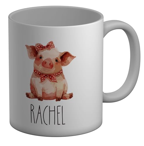 Image of Shopagift Personalised Sitting Pig with Bow Any Name Mug White 11oz Large Ceramic Cup