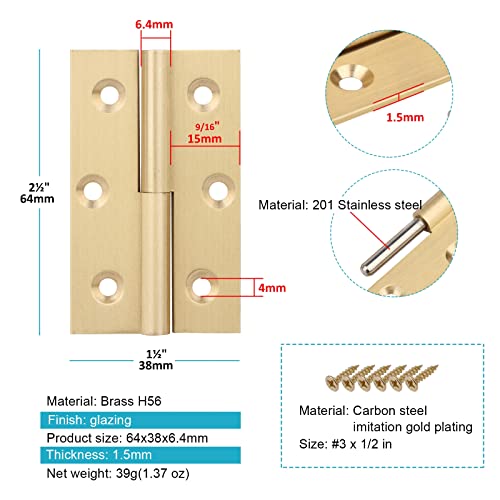 2½ X 1½ Inch Cabinet Door Hinges, Brass 56 H-Shaped Lift Off Hinge, Detachable Butt Hinge, Pack Of 4 Pcs (Left And Right Hinges) #TOP1
