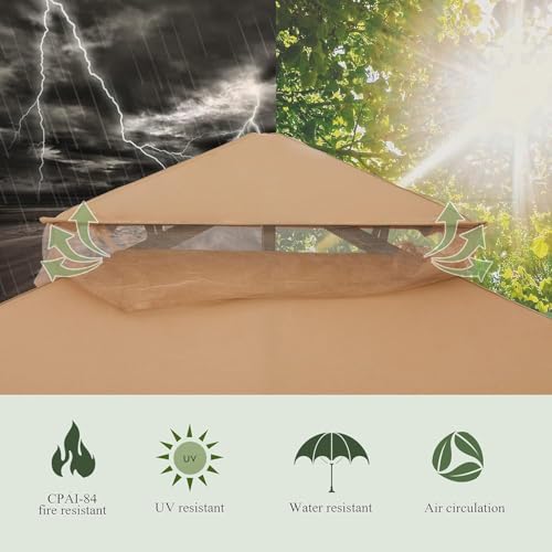 Yulan Outdoor Outdoor Gazebo Canopy Shelter with Netting, Metal Frame Patio Gazebo Tent with Double Roof for Garden, Lawn, Backyard, Party, Khaki 3x3 (410393)