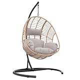 Wicker Indoor Swing Egg Chair Robust And Stable With Beige Cushion For Outdoor Backyard Gardens