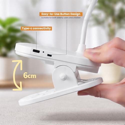 Image of Dyazo LED Table Desk Clip Lamp | Flexible Bendable Arm with 3 Color Modes & Adjustable Brightness | Eye-Caring Rechargeable with Power Indicator Light for Books Reading, Bed, Kids & Home Use (White)